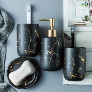 Heads Bathroom Accessories Set Black Gold Marble Bathroom Set With Toothbrush Holder Lotion Dispenser Soap Dish Tumbler Home Organizer