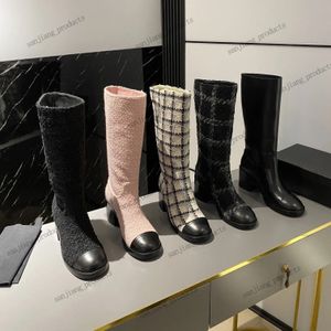 2024 Tall Boot Smooth Calfskin Embroidery C Letters Slip-On Knight Boots Chunky Heel Plaid Tweed Round Toe Knee High Riding Boots Luxury Designer Flats