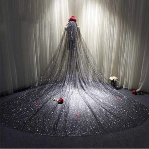 Ny Spittly Bling Bling Black Wedding Veils 3M Glitters paljetter Chapel Train Wedding Prom Wraps Accessories246p