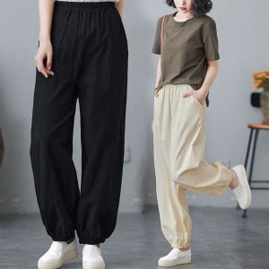 Capris 2023 Spring Cotton Linen Pants for Women Lose Casual White Elastic midja mjuka kvinnor harembyxor gröna kvinnors sommarbyxor