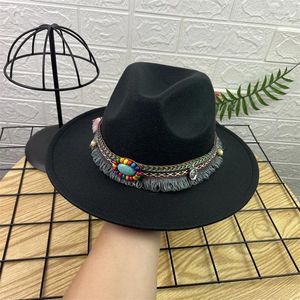 Berets Unisex Retro Elegant Ethnic Wool Top Hat Handmade Tassel Belt Big Brim Bucket Men Women Fashionable Felt Jazz Casual Cap