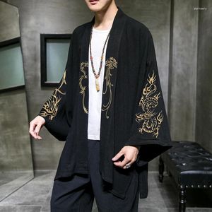 Men's Trench Coats Embroidery Coat Cotton Hanfu Linen Chinese Style Robe Cardigan Jacket Casual Oversized Kimono 5XL Ancient Male