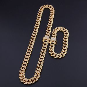 13mm Miami Cuban Link Chain Gold Silver Necklace Bracelet Set Iced Out Crystal Rhinestone Bling Hip hop for Men272D