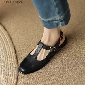 Dress Shoes Women Flats Cowhide French Style Real Leather Comfort Sandals On Low Heel T-Strap Summer Basic With BuckleH24229
