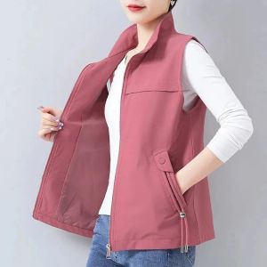 Midjefastare Casual Khaki Short Women's Vest Oversize Liner Sleeveless Jackets 2023 Spring Summer New Zipper Basic Waistcoat Female Outerwear