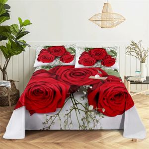 Set Red Rose Queen Sheet Set Girl Lovers rum blommor sängkläder set lakan och örngott sängkläder platt lakan lakan set