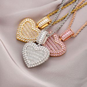 18k Gold Heart Necklace Locket Bling Cubic Zircon Jewelry Set Photo Frame Openable Love Diamond Hip Hop Halsband Women Girl Gift Fashion