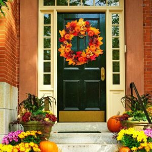 Decorative Flowers Autumn Door Wreath Berry Pumpkin Pine Cone Maple Leaves Front Home Halloween Decor