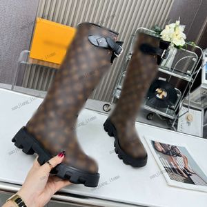 Front Buckle real leather paris women tall boots Brown Vintage Flowers slip on knee high boot designer shoe chunky platform lug soles Combat Bootie genuine calf skin