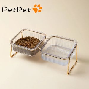 Matande katt dubbel skål ny med stativ husdjurkattunge valp transparent mat matning mat metall förhöjd vatten matare hund skålförsörjning