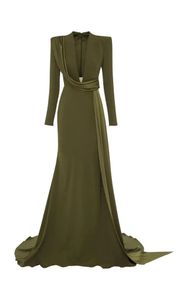 Elegant Long Green V-hals crepe aftonklänningar med ärmar sjöjungfrun svep tåg dragkedja tillbaka vestidos de noche prom klänningar för kvinnor