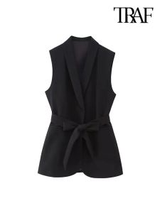 Gilet TRAF Moda donna con cintura Gilet da smoking Vintage Collo a scialle Senza maniche Capispalla femminile Top chic