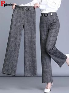 Zagrany 4xl Plaid Office Proste spodnie Koreańskie kobiety Formalne szerokie nogi pantelony swobodne spodni o wysokiej talii 240223