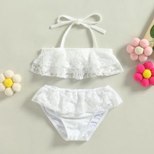 Zestawy Słuchaj 8m3y Toddler Girls 2PCS Casualne miękkie stroje kąpielowe, letnie rękawowe kantarki koronkowe Tops + Bikini dolny zestaw