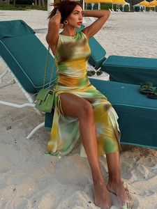 Kliou See Through Mesh Maxi Dress Женское популярное сексуальное платье с принтом в тонком полуночном стиле Хипстерское платье с длинным рукавом Женская клубная одежда Hot J240229