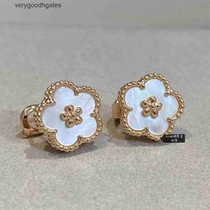 Designer Van cl-ap High version V Golden Fan Family Lucky Four Leaf Grass Five Flower Earrings Plum Blossom Double sided 18k Rose Gold Petals STGS