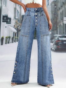 Calças de brim emendadas botão denim em linha reta perna larga jeans bolsos cintura alta do vintage moda feminina jeans casual streetwear calças