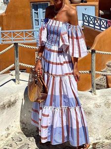 Summer womens plain A-line beach dress sexy off shoulder bohemian long dress casual womens slanted neck cover sun skirt 240229