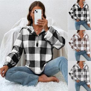 Kvinnors päls 2024 Autumn/Winter Plaid Half Open Collar Button Loose Plush Hooded Casual Hoodie For Women