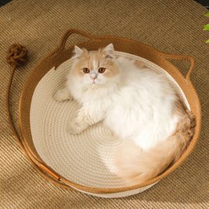 Paspaslar Madden Japon Pet Kedi Yatağı Yuvarlak El Dokuma Rattan Kedi Yatakları Yaz Soğutma Kitten Sepet Pamuk Halat Kedi Çizilme Sepetleri