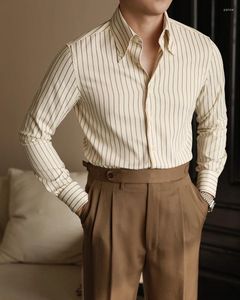 Мужские классические рубашки 2024, мужские весенне-осенние модные деловые повседневные блузки в полоску с длинными рукавами, мужская официальная одежда, облегающий крой P269