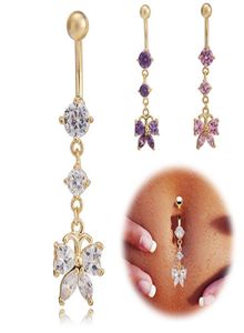 Shiny Gold Plated Crystal Medical Stainless Steel Butterfly Dangle Belly Ring Body Piercing Ring Button for Girls Women BR1313627080