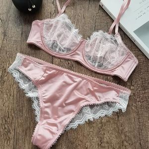 Bras Sets Ultra Thin Transparent Lace Bra And Briefs Set Underwear With Steel Ring Satin Patchwork Sexy Lingerie Women Unlined Intimates