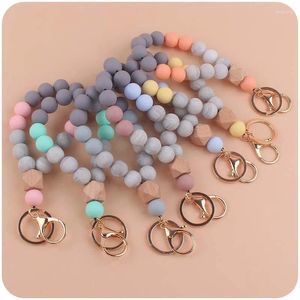 Keychains Fashion Women Men Anti-Drop Keychain Colorful Wood Silicone Beaded Keyring For Bracelet Pendant Jewelry Wholesale