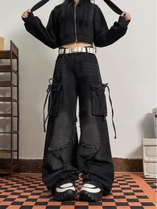 Kvinnors jeans kvinnor trashy y2k japansk mode streetwear denim lastbyxor grunge baggy lös mörk akademi 2000s estetik gotisk