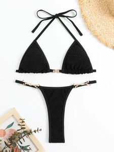 Sexy preto triângulo biquíni feminino brilhante tanga g-string bikini maiô de duas peças sutiã conjunto de banho conjunto mini maiô 2024 240229
