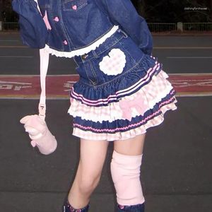 Skirts DEEPTOWN Kawaii Denim Skirt Women Japanese 2000s Style Y2k High Waist Bow Patchwork Cute Mini Jean Autumn Lolita Girl