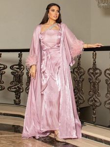 Ethnic Clothing Women Muslim Sets Rhinestone Feather Sleeve Silk Satin Solid Color Open Front Outerwear Abaya Turkish Dress 3pcs Arabic