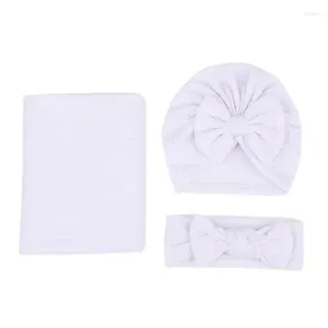 Filtar Baby som tar emot spädbarnspojke med filt Set Soft Nursery Swaddling Solid Color With Hat and Hair Band