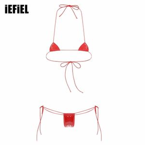 Swim wear Womens Wet Look Patent Leather Micro Bikini Set Two-Piece Lingerie Suit Halter Lace-up Bra with Low Rise G-string 240229