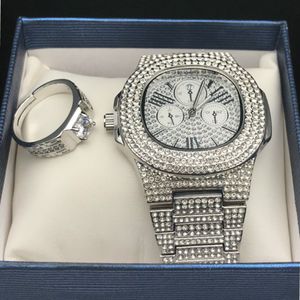 Men Hip Hop Iced out Diamond Watch & Ring Combo Set Diamond Adjustable Ring Rock Rapper Men Jewelry Street Dance Fashion2609