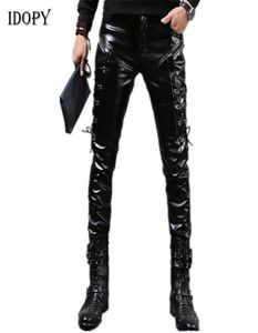 IDOPY MENS PLEATHER PANTS PUNKスタイルスキニーレースアップパーティーステージパフォーマンスナイトクラブスチームパンクFaux PUレザーズボンY12171578389