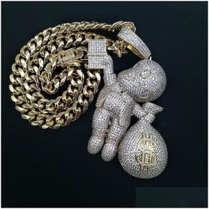 Hänge halsband Ny personlig 18k guldpläterad hiphop -tecknad pojke med stora pengar väska hänge halsband ed kedja iced ut cz zirkon dhtpq