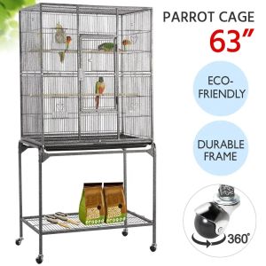 Nests Easyfashion 63'' Large Rolling Metal Parrot Cage with Detachable Stand, Black bird cage accessories