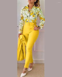 Женские брюки, весенний комплект из двух предметов, осенний офисный женский элегантный рубашка с цветочным принтом, комплекты с длинными брюками, женский топ с рукавами, брюки, костюмы