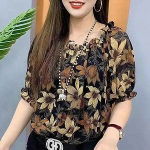 Vintage Floral Printed Blouse Fashion Ruffles Spliced Summer short Sleeve Female clothing korean Commute Loose Round neck Shirt 240219