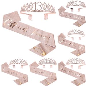 Nowa nowa dekoracja 18 21 30 40 50 Rose Gold Satin Sash Crystal Crown Tiara Wszystkiego najlepszego z okazji urodzin Zapasy imprezy