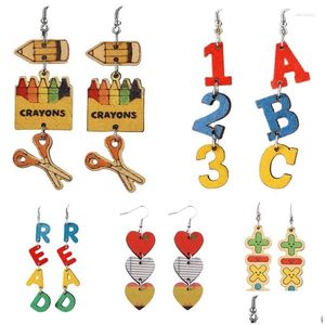 Orecchini pendenti con lampadario Numero di insegnamento Lettera Matita di mela Nappa Legno Amore Striscia Hollow Cat Claw Stampa Insegnante Studente Regalo Dhk63