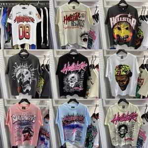 Hellstar grafisk tee mens t-shirts korta ärm män kvinnor hög kvalitet streetwear hip hop mode t shirt helvete stjärna tvättade tyg tryck vintage svart