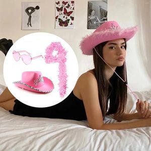 Berets Party Cowboyhut Rosa Federboa Sonnenbrille Cowgirl mit flauschiger Krempe randlose herzförmige Brille Halloween-Dekor