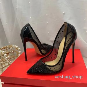 Casual Designer Sexig Lady Fashion Women Shoes Black Mesh Glitter Strass Crystal Pointy Toe Stiletto Heels Zapatos Mujer Prom Evening Pumpslarge Size