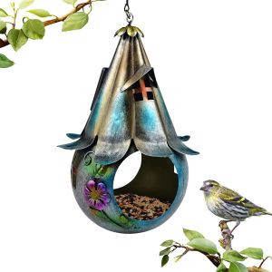 Matning Solar Bird Feeder Solenergi LED Light Metal Wild Bird Feeders smidesjärn kolibri matare för trädgård uteplats gräsmatta gård