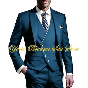 Slim Fit Men Suit Wedding Groom Tuxedo 3 조각 세트 정점의 옷깃 팬츠 조끼 패션 의류 남성 블레이저