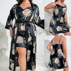 Women's Sleepwear Plus Size 5XL Women Kimono Bathrobe Gowm Spring Summer Print Flower Long Robe Suspender Nightgown Loose Satin Home