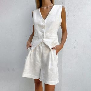 Kvinnors träningsdräkter Summer White Linen Tvåverk Set Women 2024 Fashion Sleeveless Tank Top Waistcoat High midjeshorts Set Office Ladies