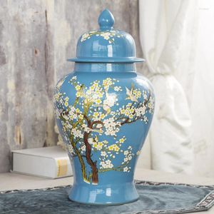 ボトル中国の寺院の瓶と花のふた梅の花の花の絵ジンジャー花瓶エルホームデコレーションブルーカラー